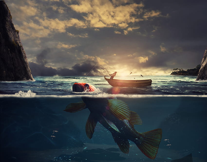 Surrealistyczne, wędkarstwo, łódź, morze, wschód słońca, pod wodą, fantasy Tapeta HD