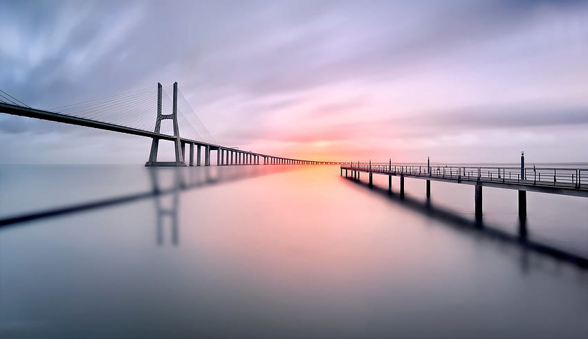 gray bridge, silhouette of bridge over calm body of water HD wallpaper