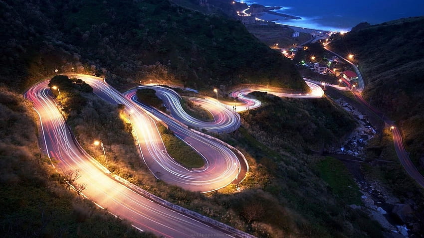 Road in lights down to the beach . Trip, Light trails, Beach, Winding Road HD wallpaper