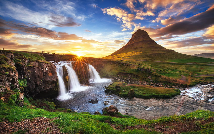 Iceland, waterfall, evening, sunset, mountain landscape, mountain river, beautiful waterfall, mountains HD wallpaper