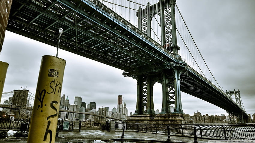 Манхатън Бридж от Бруклин, мост, река, град, графити HD тапет