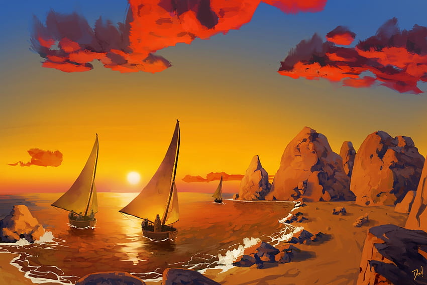 Sunset, sail-boats, ships, coast, art HD wallpaper