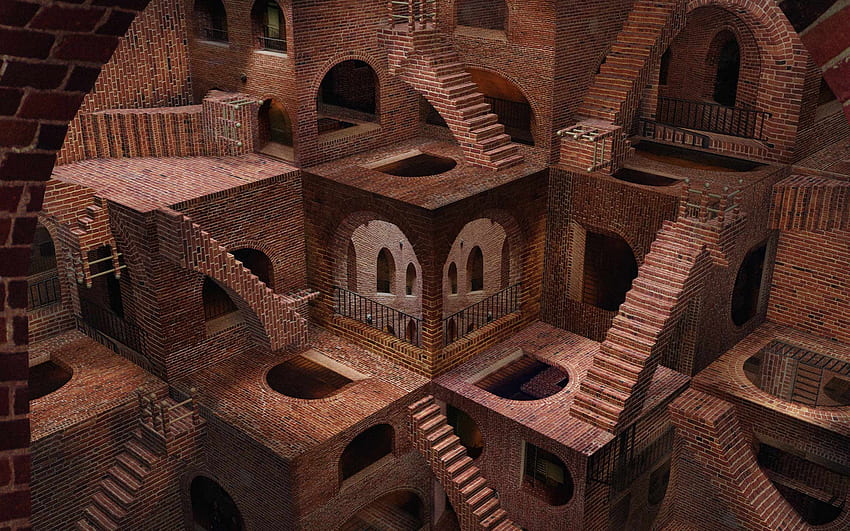 M. C. Escher, Sztuka cyfrowa, Złudzenie optyczne, Brązowy, Schody, Budynek, Cegły, Surrealistyczne, 3D, Ogrodzenie, Łuk, CGI / i mobilne tło Tapeta HD