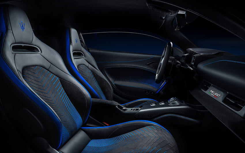 2022, Maserati MC20, vista interior, interior, painel, azul MC20, Britânica de supercarros, Maserati papel de parede HD