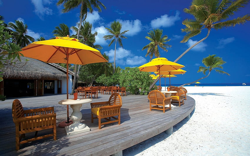Doğa, Mimari, Bulutlar, Plaj, Sandalyeler, Maldivler HD duvar kağıdı