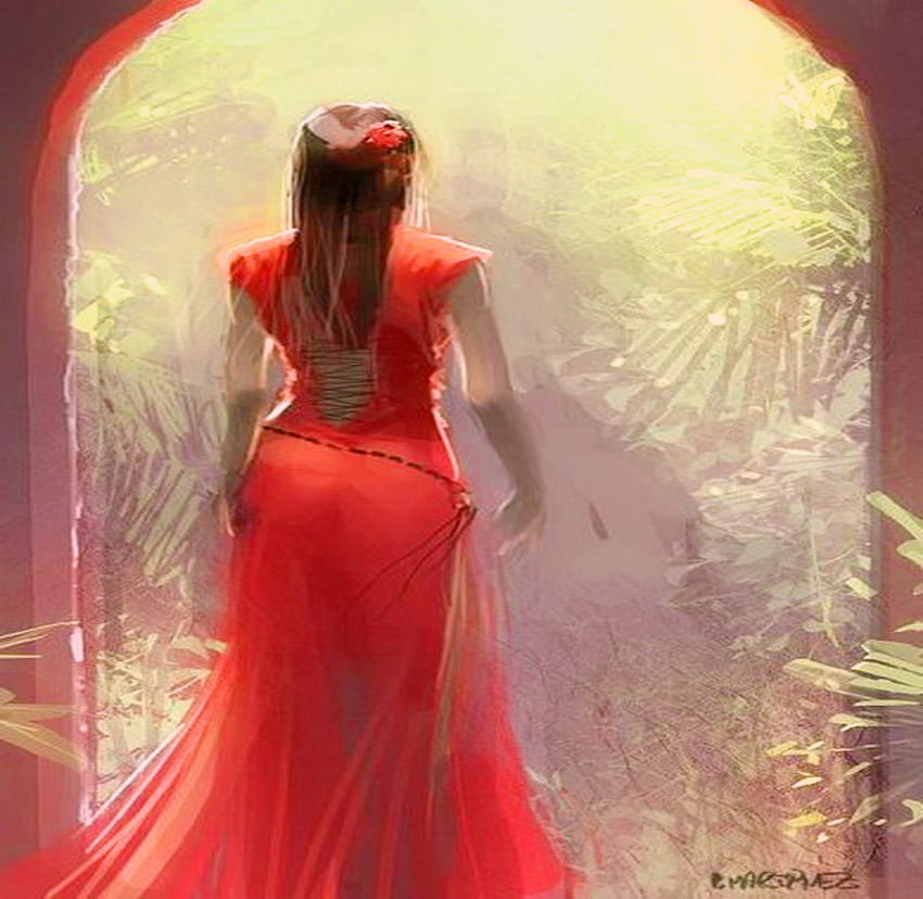 霧の庭へ、戸口、霧の庭、赤いドレス、女性、美しさ 高画質の壁紙