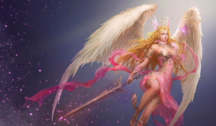 Pink Angel, sztuka, liga, anioł, dziewczyna, kobieta, różowy, cyfrowy, ładny, fantasy Tapeta HD