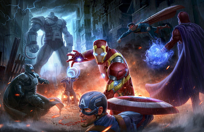 Superhelden kämpfen, Marvel, Avengers vs Justice League, DC-Comics HD-Hintergrundbild
