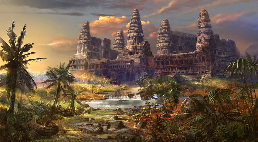 Fantazja, palmy, świątynia, zniszczenie, inny świat, inny świat Tapeta HD