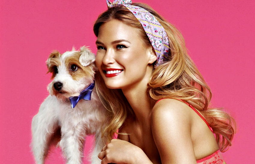 Bar Refaeli, dog, white, model, blonde, smile, girl, beauty, woman, pink HD wallpaper