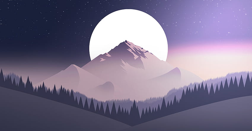Digital art, mountains, moon, forest HD wallpaper