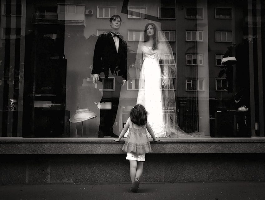 Someday, wedding, storefront, black and white, girl, bride and groom HD wallpaper