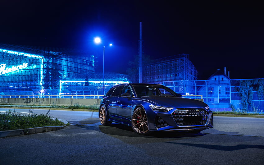 2022, Audi RS 6 Avant, , C8, night, exterior, front view, new blue RS6 Avant, RS6 Avant tuning, German cars, Audi HD wallpaper