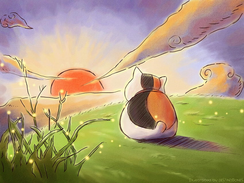 sunset, artwork, Natsume Yuujinchou, Nyanko Sensei HD wallpaper