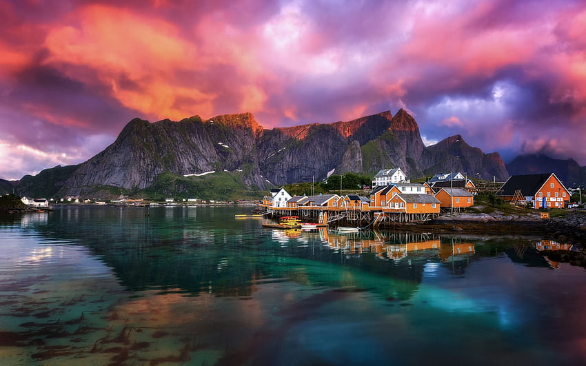 Fjord yang indah, desa, Norwegia, danau, awan, pagi Wallpaper HD