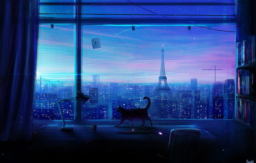 Katze, die Stadt, Zimmer, Fenster, Kunst, Wolkenkratzer, Lonely Night, Rico De Zoysa für , Abschnitt арт HD-Hintergrundbild