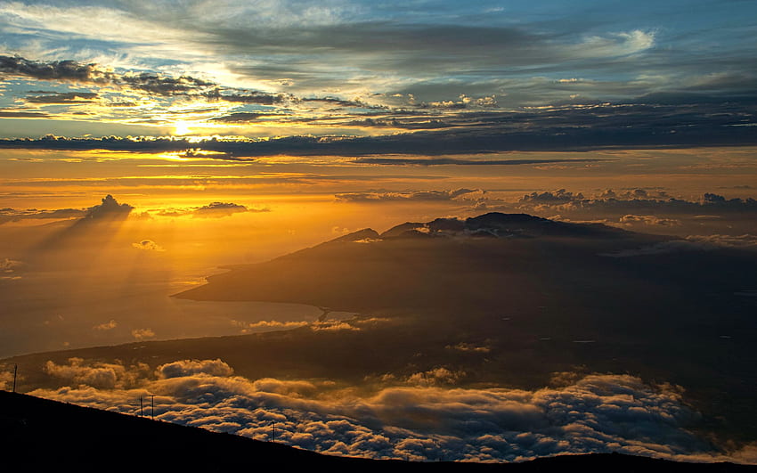 Haleakala 정상 회담, 마우이, 하와이, 황금, 바다, 반사, 구름, 하늘, 일몰 HD 월페이퍼