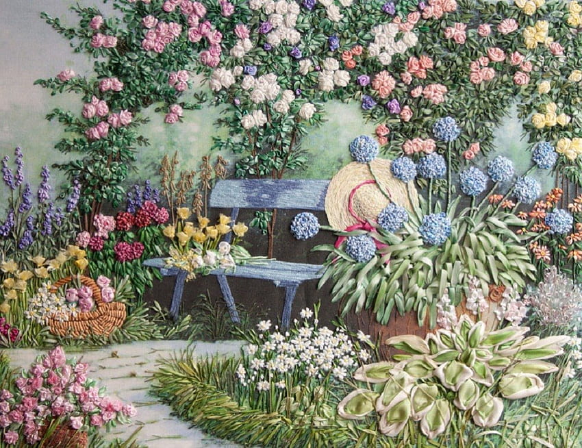 Bench in a Rose Garden, bench, nature, painting, rose garden HD ...