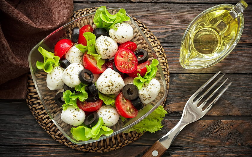 Salad, tomatoes, appetizer, oil HD wallpaper