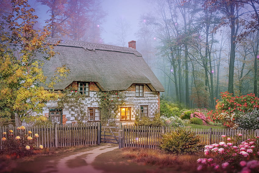 The Cottage in The Woods, woods, painting, Cottage, thatch roof, flowers HD wallpaper