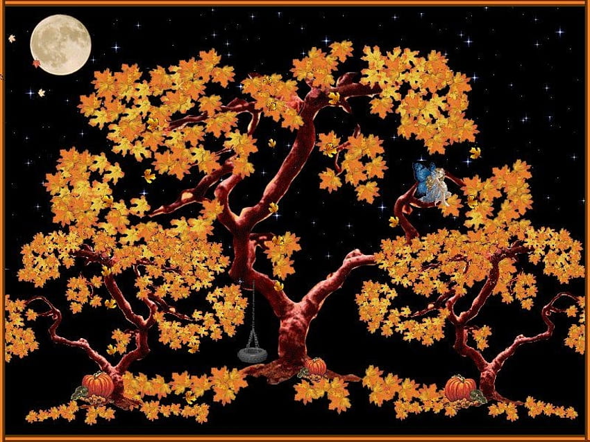 An autumn night, night, black, moon, autumn, tree HD wallpaper