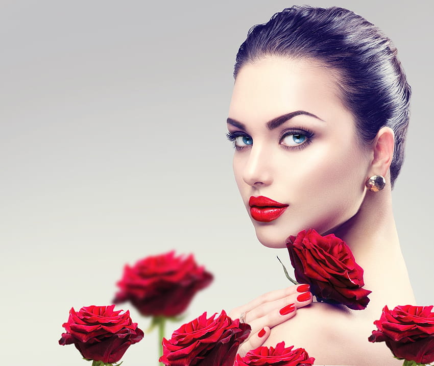 güzellik, model, kız, anna subbotina, kadın, gül, çiçek, kırmızı, yüz, dudaklar HD duvar kağıdı