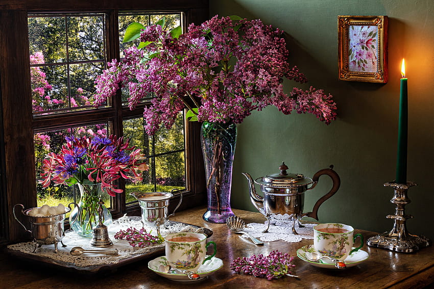 Pesta teh, Piala, Lilin, Bunga Lilac, Karangan Bunga, Jendela Wallpaper HD