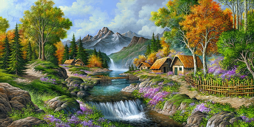 Paraíso rural, campo, montanha, rio, arte, paraíso, pacífico, bonito, casas, serenidade, chalés, rural, pintura, cachoeira, natureza papel de parede HD