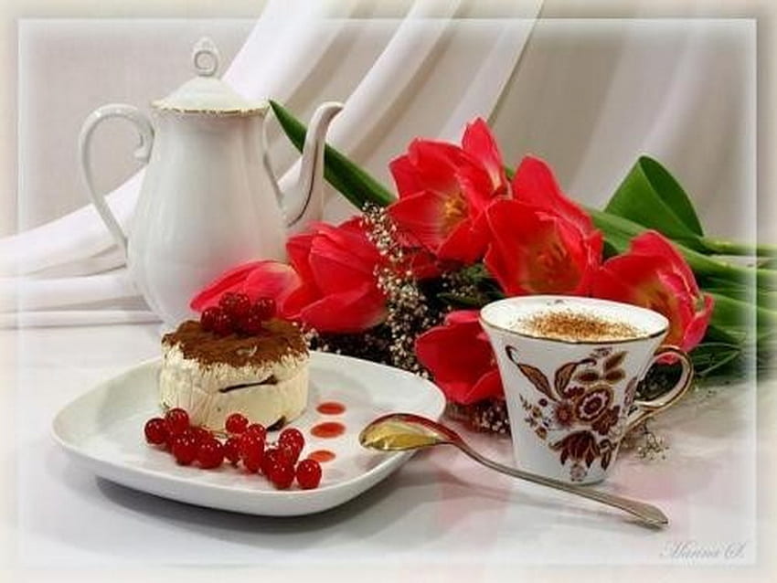 You are invited, tea pot, teacup, sweets, red, flowers, cup saucer HD wallpaper