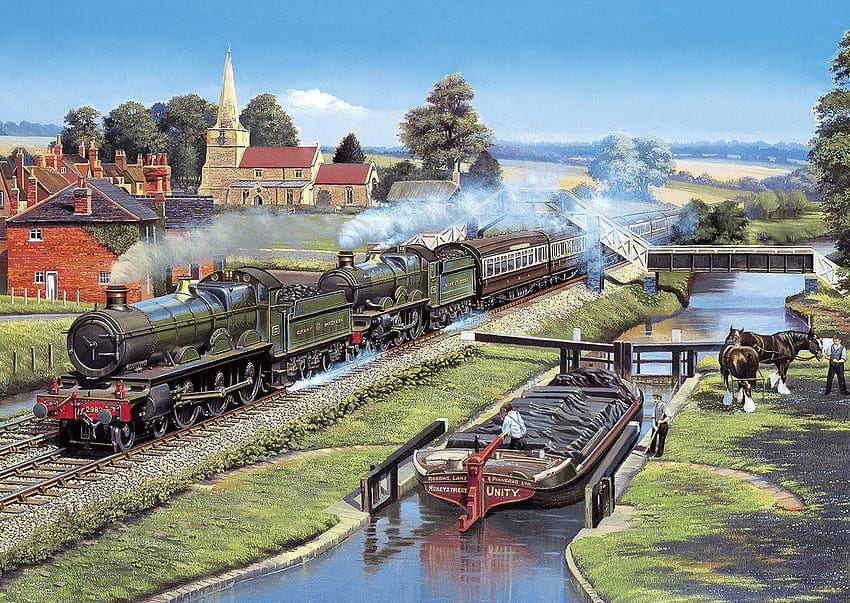 The Glory of Steam, obras de arte, navio, pintura, trem, locomotiva, ferrovia papel de parede HD