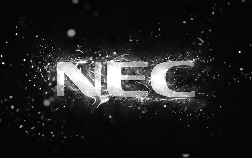 NEC бяло лого, , бели неонови светлини, творчески, черен абстрактен фон, NEC лого, марки, NEC HD тапет