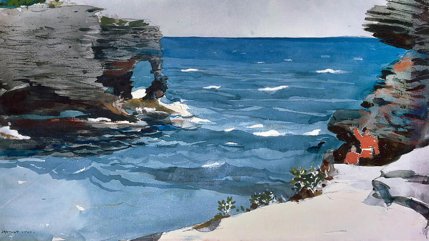 Rocky Shore' watercolour by artist Winslow Homer, Bermuda, 1900. From the collection of the Museum of Fine Arts, Boston, USA HD wallpaper
