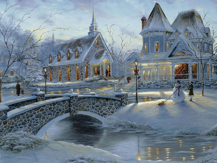 Winter, river, man, snow, house, nature, church HD wallpaper