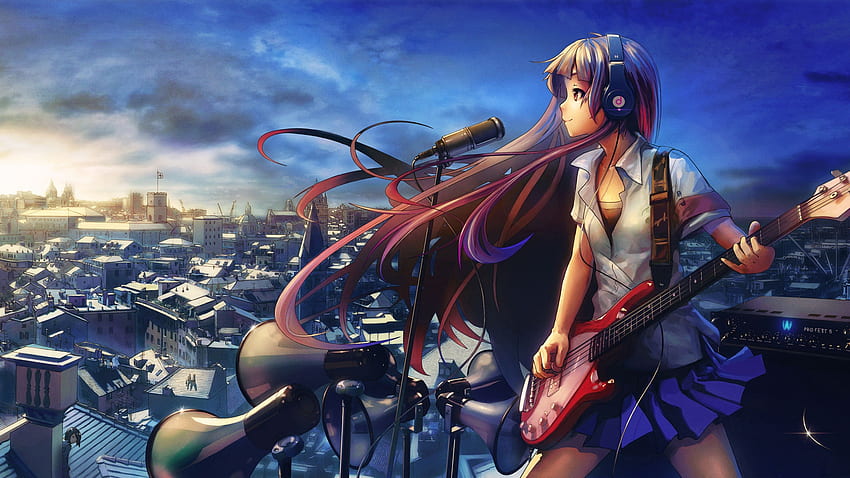 Music for the Town, city, hot, guitar, school girl, sunrise, pink, music, anime, cool, idol, rebel HD wallpaper