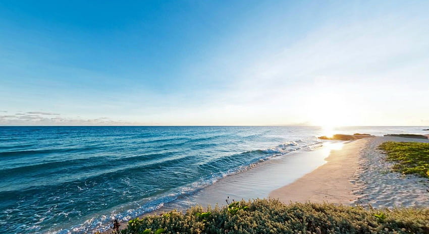 Sonnenuntergang am Strand, blau, Meer, weiß, Sand, Pflanzen, Meereslandschaft, Landschaft, Karibik, Strand, türkis, grün, gelb, Sonnenuntergang HD-Hintergrundbild