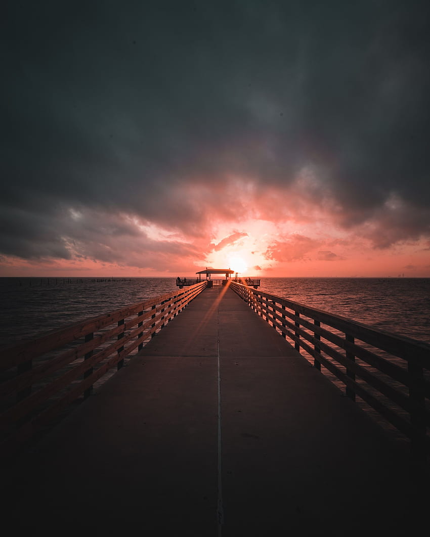 Meer, Natur, Sonnenuntergang, Horizont, Pier, Überwiegend bewölkt, Bedeckt HD-Handy-Hintergrundbild
