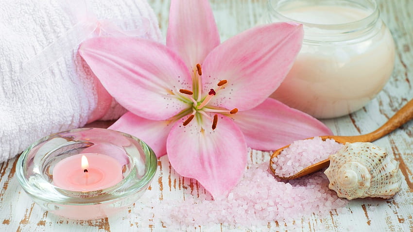 Aromatherapy, graphy, pale, , relax, still life, pink, zen, candle, flower, spa HD wallpaper