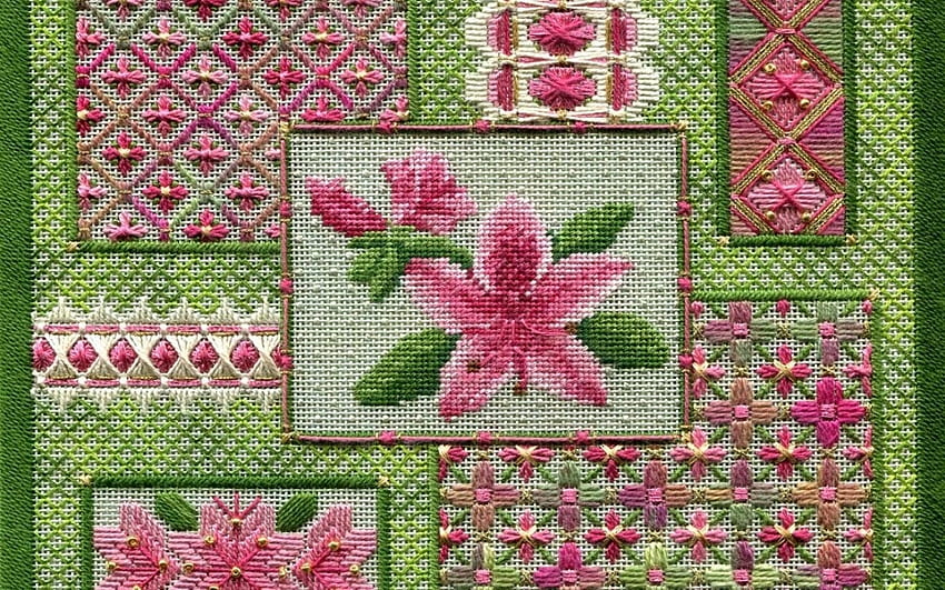 Azalea in Needlework, pink, green, handiwork, needlework, azalea HD wallpaper