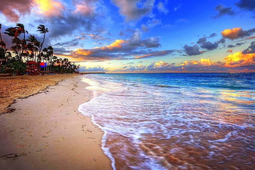 Plage d'été, mer, plages, attractions dans les rêves, paradis, Bavaro, été, paysages, amour quatre saisons, République dominicaine, Punta Cana, nuages, nature, ciel Fond d'écran HD