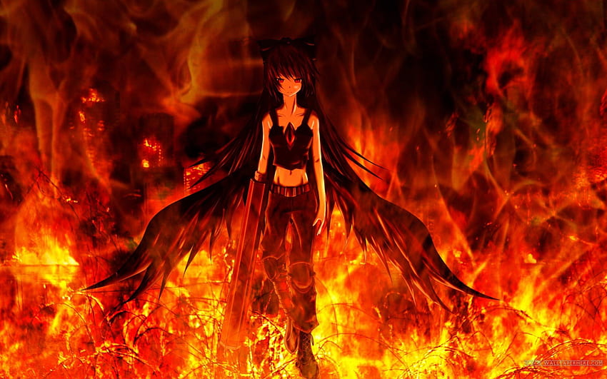 Fallen's Fire, wings, black, dark angel, hot, angel, girl, fire HD тапет