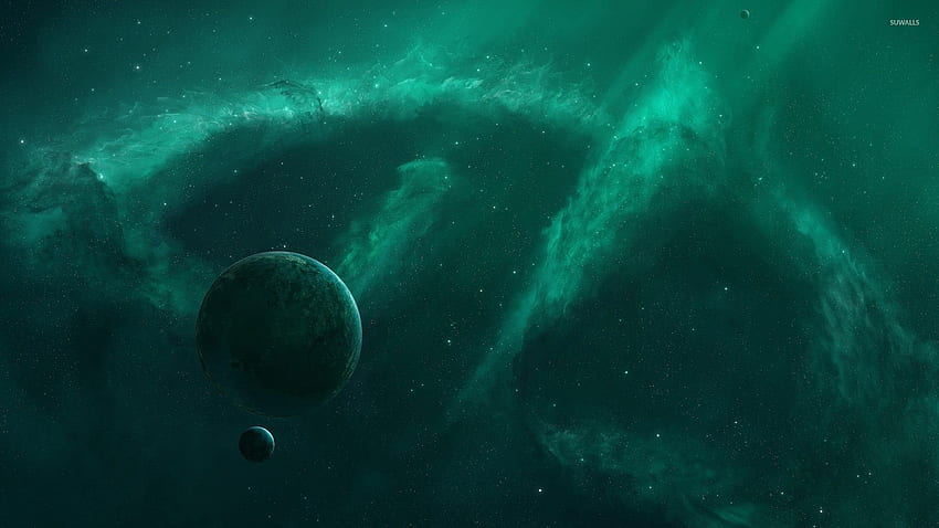 惑星を取り巻く緑の星雲 - 宇宙 高画質の壁紙