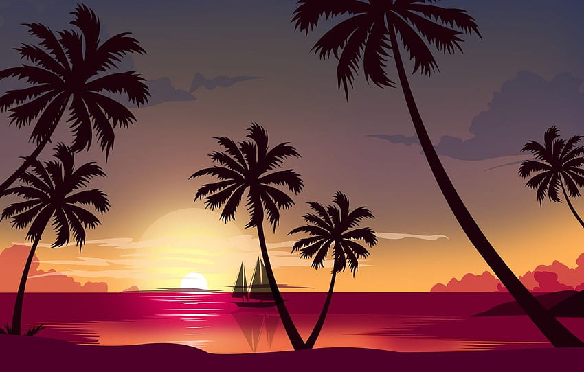 Sunset, The sun, The ocean, Sea, Beach, Minimalism, Palma, Ship, Style, Palm trees, 80s, Style, Ocean, Illustration, Sea, Palm for , section минимализм, 80s Retro Palm Tree HD wallpaper