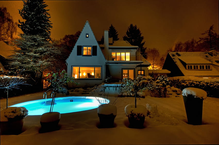 Cities, Houses, Night, Snow, Mansion, Pools HD wallpaper
