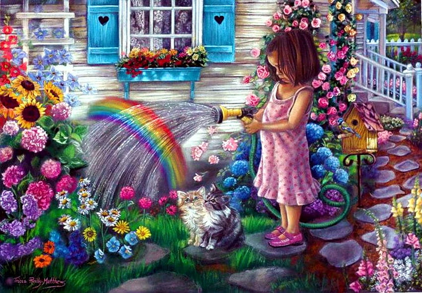Summer Gardening, artwork, painting, blossoms, house, flowers, watering can, child HD wallpaper