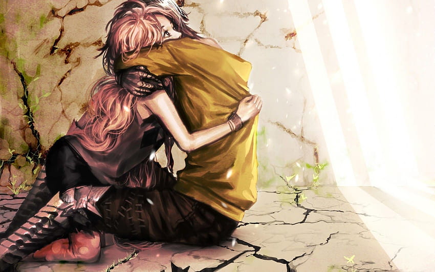 anime girl hugging sad boy