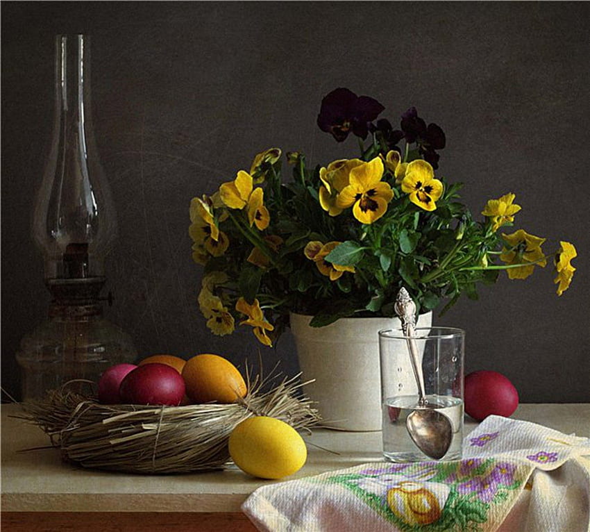 Easter Still Life ღ, holidays, color, graphy, Easter, lamp, pansies, still life, decoration, yellow, flowers HD wallpaper