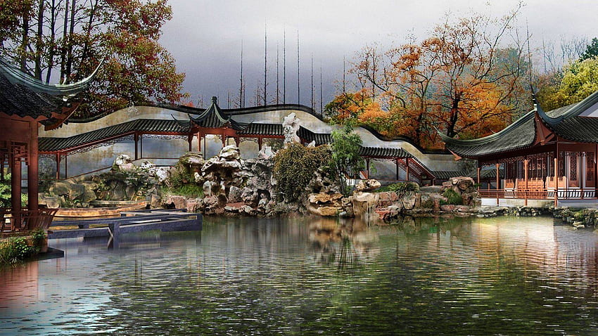 Houses: Japanese Garden Pond Houses Water Plants Digital Art Wide HD wallpaper