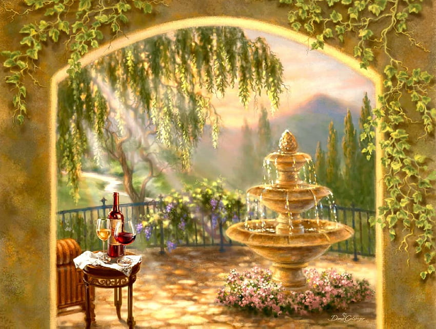 ..BEAUTIFUL TRANQUILITY.., attractions in dreams, garden, paintings, lovely still life, bottle, love four seasons, ivy, valley, fountain, glasses, nature, flowers, wine HD wallpaper
