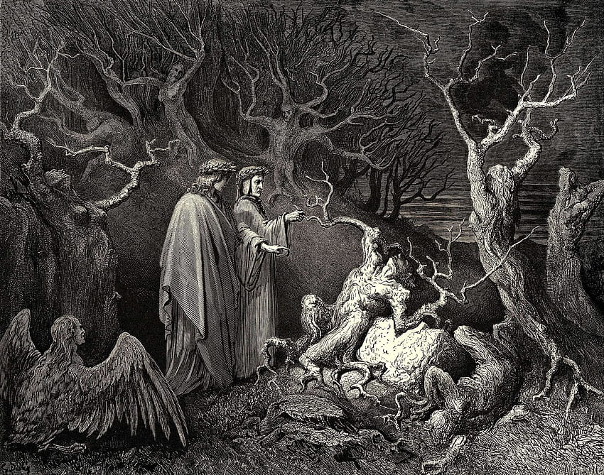 Escala de cinza de terno masculino, A Divina Comédia, Inferno de Dante, Gustave Doré papel de parede HD