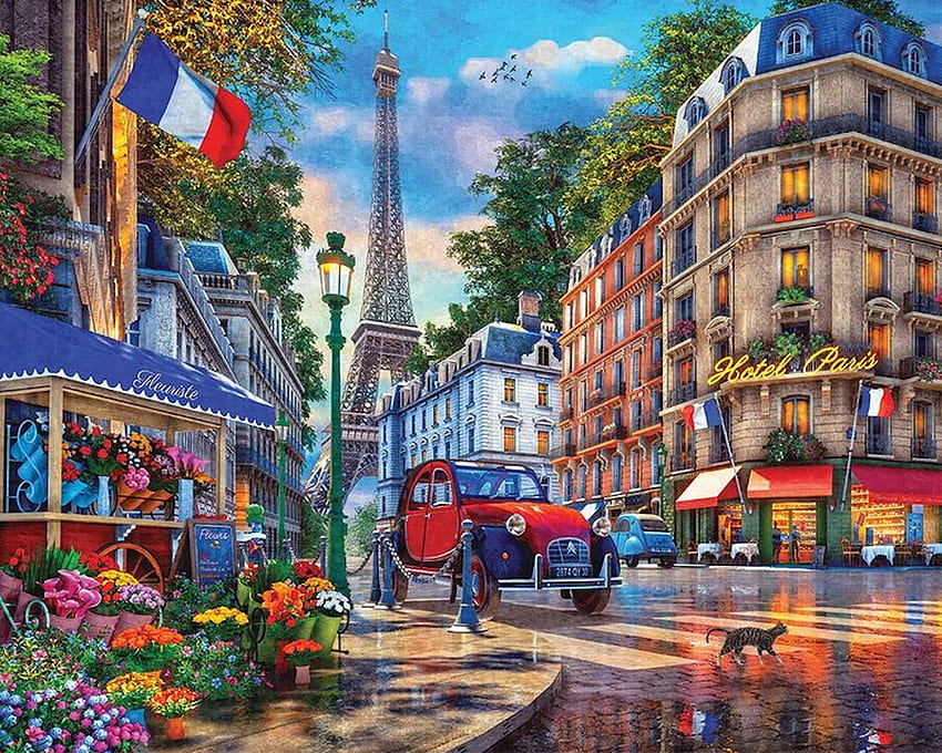 Paris Street Life, paris, car, tricolour, cat, france, flag, painting, tower, eiffel, flowers HD wallpaper